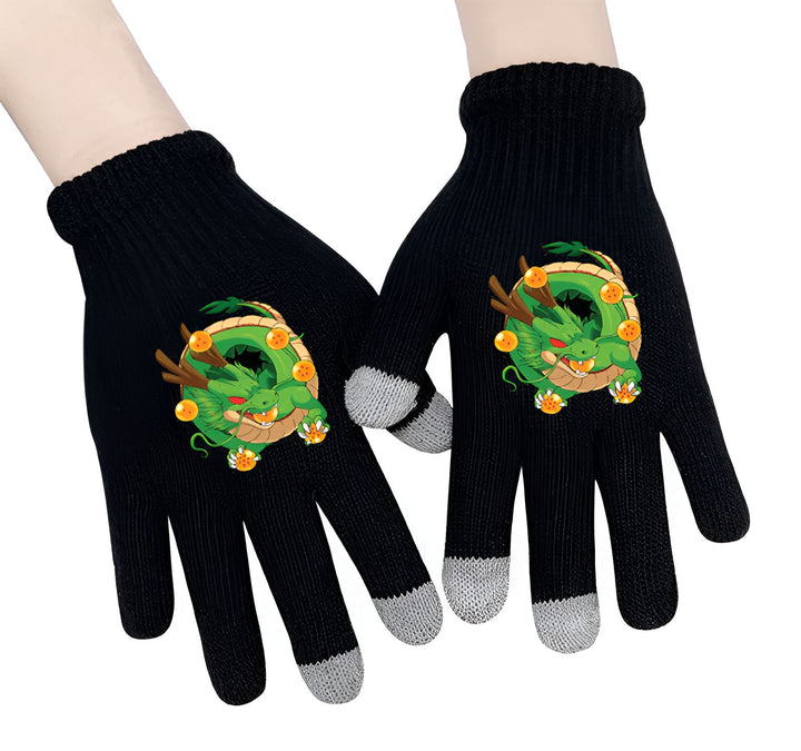 Une paire de gants noirs avec un motif de Shenron, un dragon vert, tenant une boule de cristal orange dans ses griffes.,GA-9848258000