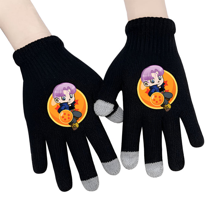 Une paire de gants noirs en laine avec un personnage de dessin animé japonais, Trunks, brodé sur le dessus.,GA-7868704772