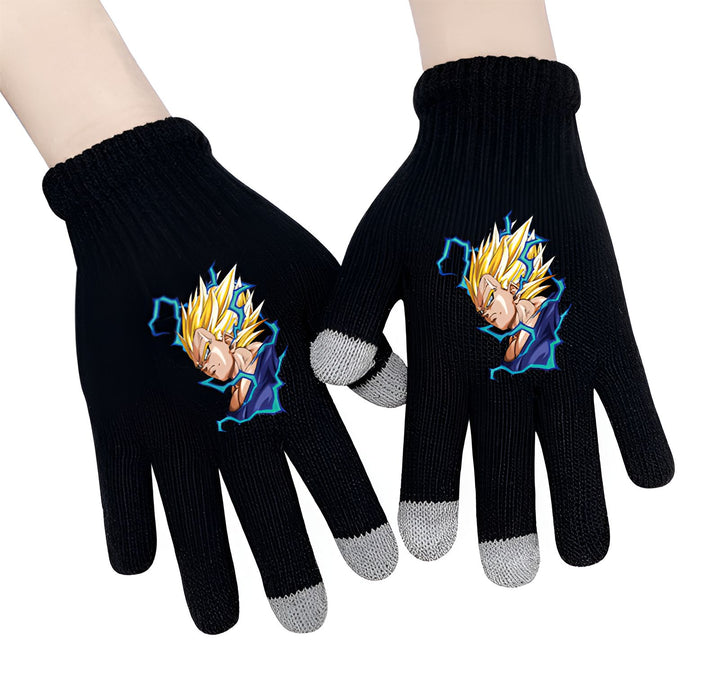 Une paire de gants noirs en laine avec un motif représentant le personnage de Vegeta, un personnage de la série animée Dragon Ball Z.,GA-0797271678