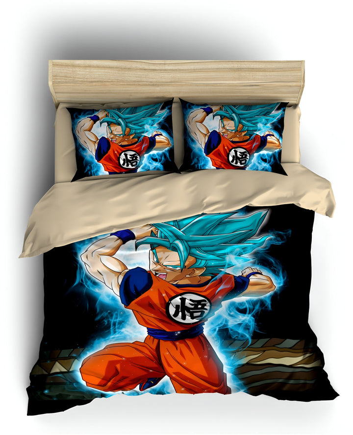 Une image de Son Goku, un personnage de la série animée Dragon Ball Z. Il est représenté en train de se battre, avec ses cheveux bleus hérissés et une aura bleue l'entourant. Il porte une combinaison orange et bleue et des bottes orange.,HO-3067513436,HO-7739664081,HO-1405670126,HO-4384361866