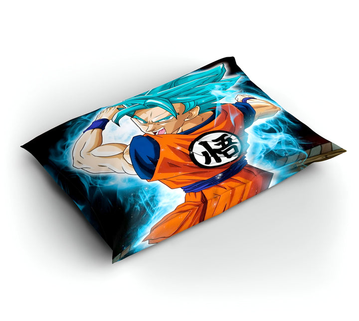 Une image de Son Goku, un personnage de la série animée Dragon Ball Z. Il est représenté en train de se battre, avec ses cheveux bleus hérissés et une aura bleue l'entourant.,HO-3067513436,HO-7739664081,HO-1405670126,HO-4384361866