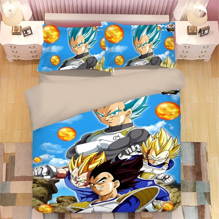 Une image de la parure de lit Dragon Ball Z. La parure de lit est bleue et comporte des images de Goku, Vegeta, Gohan et Trunks.,HO-4047642649,HO-3129484744,HO-5257498103,HO-665900128X