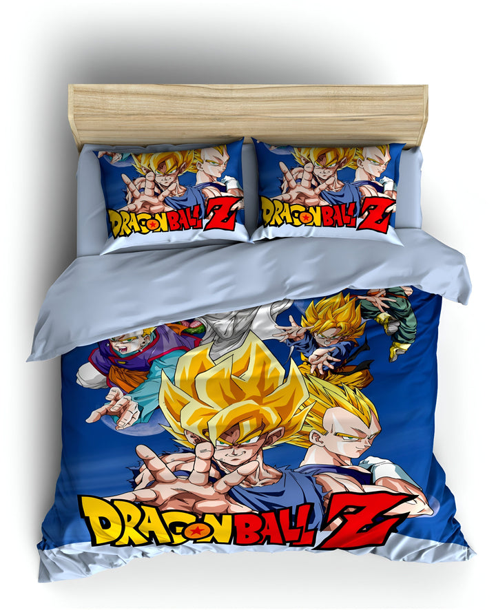 Une image de la parure de lit Dragon Ball Z. La parure de lit est bleue avec des personnages de la série Dragon Ball Z.,HO-6692480248,HO-8661140846,HO-5350381946,HO-8020579214