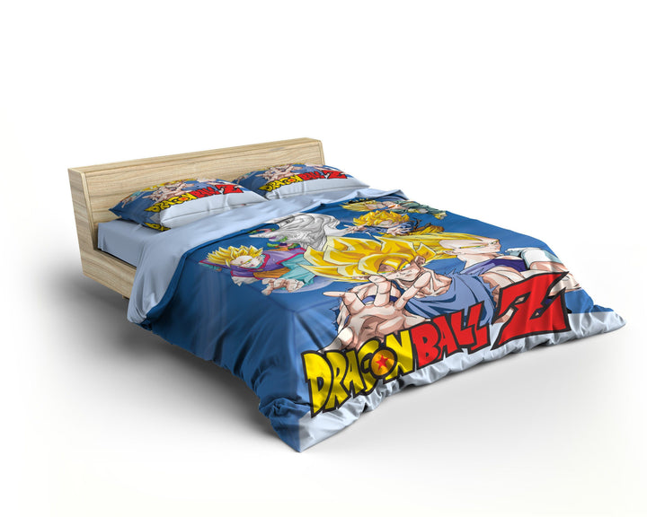 Une image d'une parure de lit Dragon Ball Z. La parure de lit est bleue avec des personnages de la série Dragon Ball Z.,HO-6692480248,HO-8661140846,HO-5350381946,HO-8020579214