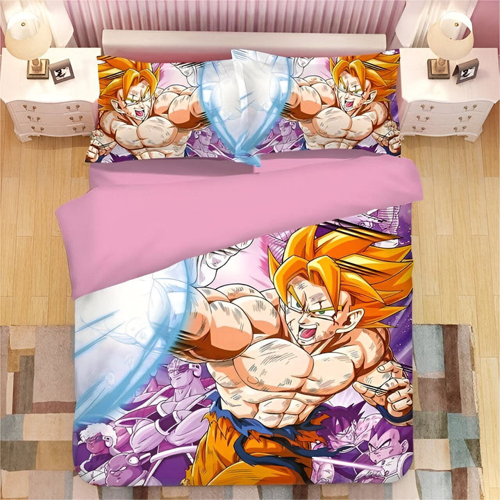 Une image de Son Goku, un personnage de la série animée Dragon Ball Z, en train de se battre. Il est entouré d'autres personnages de la série, dont Vegeta, Piccolo et Gohan.,HO-2121178953,HO-9389634210,HO-9518154872,HO-3129215557