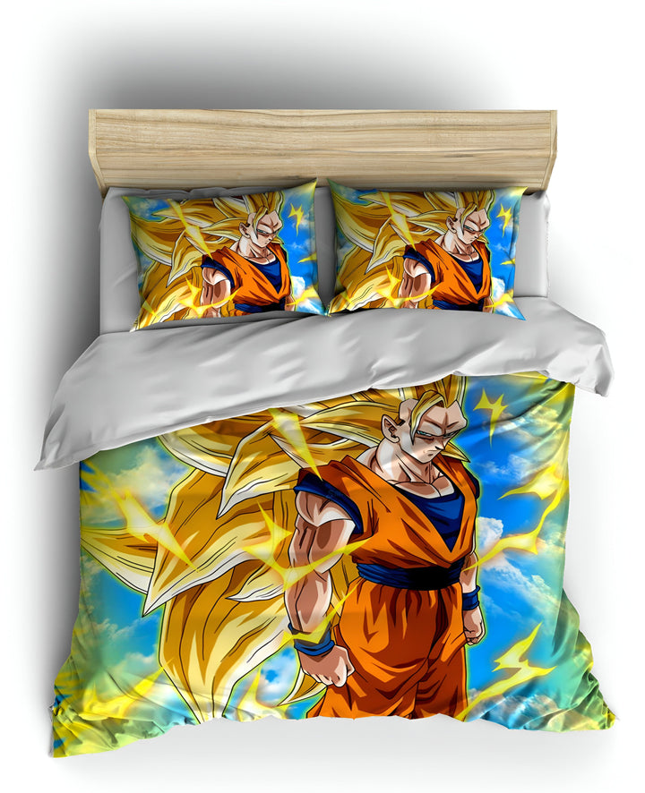 Une image de Son Goku, un personnage de la série animée Dragon Ball Z. Il est représenté debout, avec ses cheveux blonds hérissés et sa combinaison orange. Il est entouré d'éclairs et de nuages, et le fond est bleu.,HO-5713535002,HO-3168366234,HO-0058739963,HO-7901091096