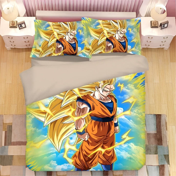 Une image de Son Goku, un personnage de la série animée Dragon Ball Z. Il est représenté en train de se tenir debout, les poings serrés, avec ses cheveux blonds hérissés et sa combinaison orange. En arrière-plan, on peut voir des nuages et des éclairs.,HO-5713535002,HO-3168366234,HO-0058739963,HO-7901091096
