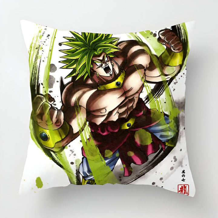 L'image représente un personnage de dessin animé, Broly, qui est un Saiyan. Il est grand et musclé, avec des cheveux verts et des yeux bleus. Il est vêtu d'une armure violette et jaune, et il est en train de se battre.,HO-9488339659