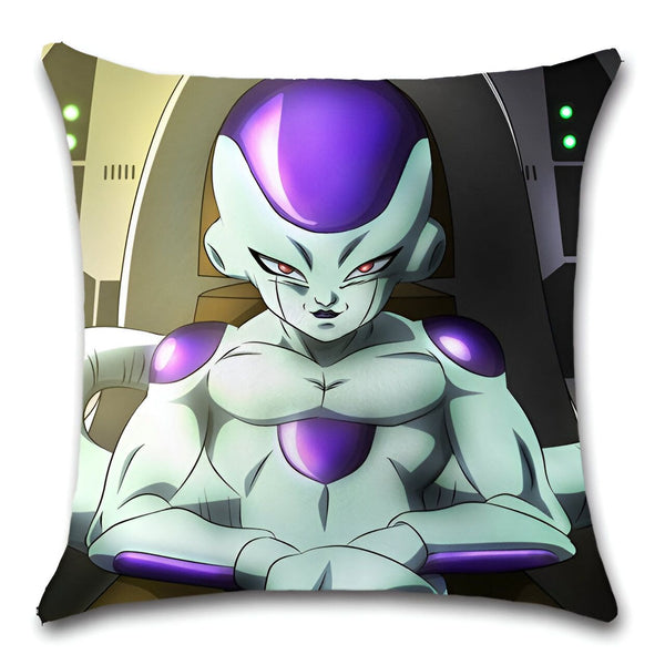 Une image de Freezer, un personnage de Dragon Ball Z, assis sur son trône. Il a la peau violette et des yeux rouges. Il est vêtu d'une armure blanche et violette.,HO-945600337X