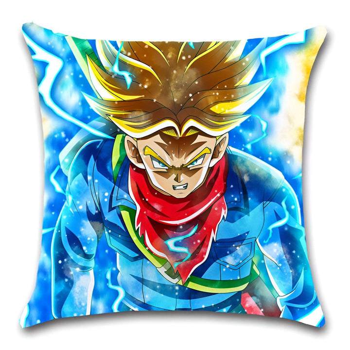 Une illustration de Trunks, un personnage de Dragon Ball Z, avec les cheveux jaunes et les yeux bleus, portant une veste bleue et une écharpe rouge. Il est entouré d'éclairs bleus.,HO-1218520280