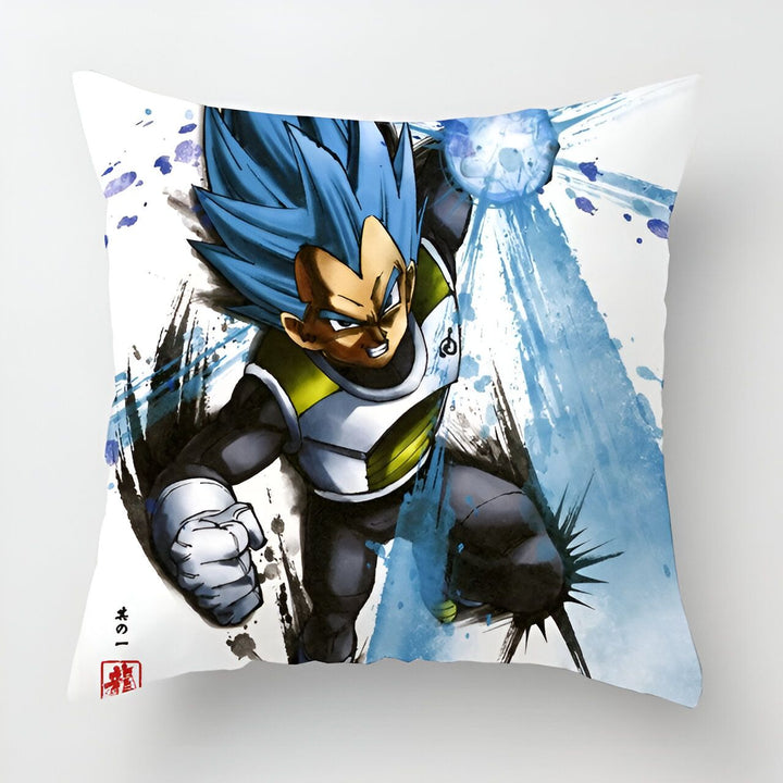 Une illustration de Vegeta, un personnage de Dragon Ball Z, en train de charger une attaque énergétique bleue. Il est vêtu d'une combinaison bleue et blanche et a les cheveux bleus. L'arrière-plan est blanc avec des éclaboussures de peinture noire.,HO-8413619769