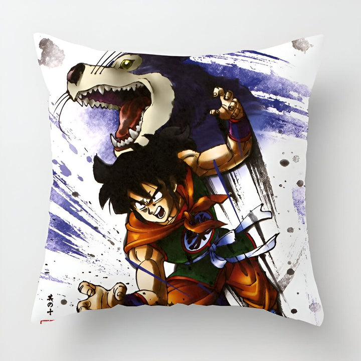 L'image représente un jeune garçon, Son Gohan, dans une scène du dessin animé Dragon Ball Z. Il est en train de se battre contre un chien géant. Le garçon est vêtu d'un kimono orange et blanc, et il a les cheveux noirs. Le chien est blanc et noir, et il a les crocs acérés. La scène se déroule dans un environnement montagneux, et l'on peut voir des arbres et des rochers en arrière-plan.,HO-0774179260