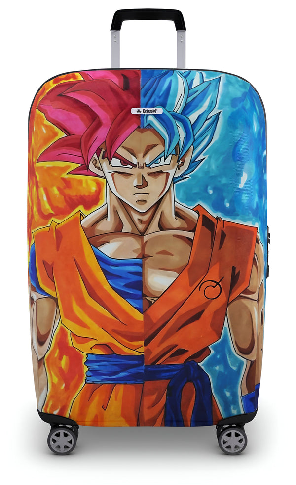 Une valise à roulettes avec une image de Son Goku, un personnage de la série animée Dragon Ball Z. Son Goku est représenté en train de se transformer en Super Saiyan, avec ses cheveux qui deviennent bleus et ses yeux qui deviennent rouges. La valise est bleue et rouge, avec une poignée noire.,HO-2184073326,HO-520864035X,HO-4759032738,HO-2289715840
