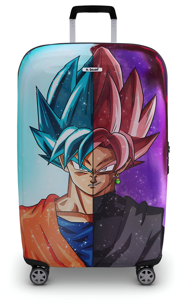 Une valise à roulettes bleue et noire à l'effigie de Son Goku, un personnage de la série animée Dragon Ball Z.,HO-8763640333,HO-3955301397,HO-4963166534,HO-4465753411