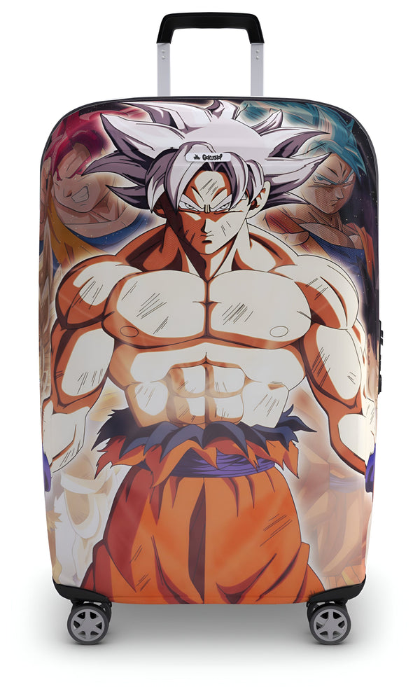 Une valise à roulettes à l'effigie de Son Goku, un personnage de la série animée Dragon Ball Z. Son Goku est représenté en train de se battre contre deux autres personnages, Vegeta et Broly. La valise est bleue et orange et possède quatre roues.,HO-4717588789,HO-2280354845,HO-1048992640,HO-2712381521