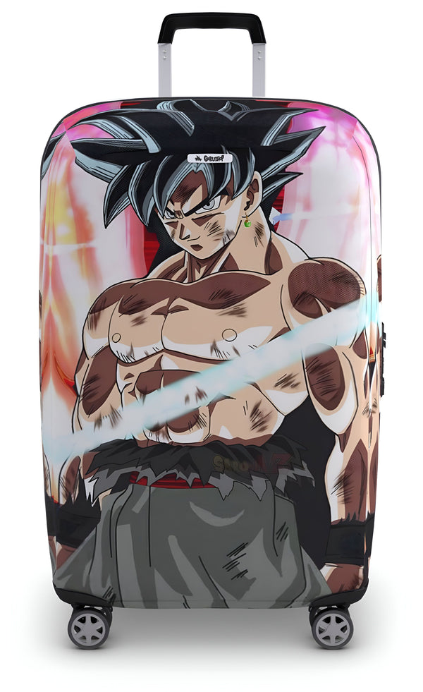 Une valise à roulettes noire avec une image de Son Goku, un personnage de l'anime Dragon Ball Z. Son Goku est représenté en train de se battre, avec ses cheveux noirs hérissés et ses muscles saillants. La valise est également dotée d'une poignée rétractable et de quatre roues pivotantes.,HO-1433138077,HO-9890201119,HO-9929523383,HO-2013842252