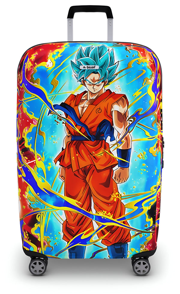 Une valise à roulettes à l'effigie de Son Goku, un personnage de la série animée Dragon Ball Z. Son Goku est représenté en train de se battre, avec ses cheveux bleus hérissés et sa combinaison orange et bleue. La valise est rouge et bleue, avec des éclairs jaunes.,HO-6210879977,HO-0686784545,HO-8310167679,HO-8027399610
