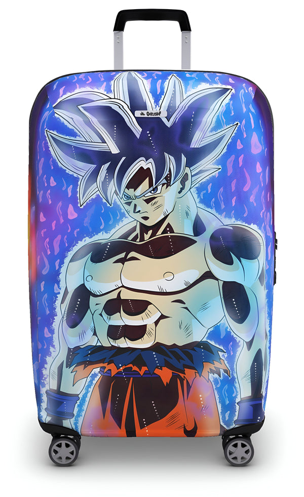 Une valise à roulettes bleue et violette à l'effigie de Son Goku, un personnage de la série animée Dragon Ball Z.,HO-7542947613,HO-1205704620,HO-7005996046,HO-7923081565