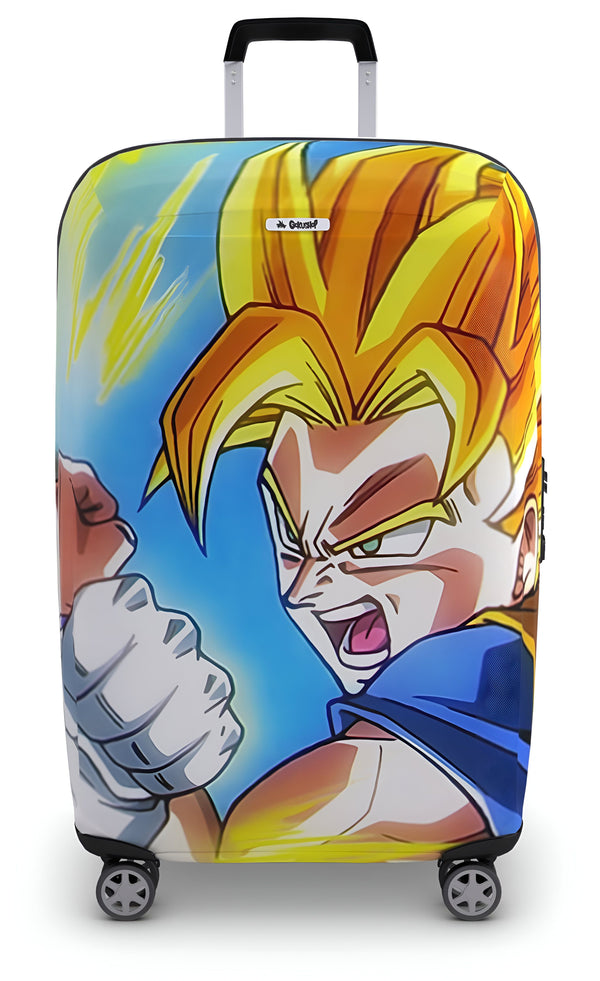 Une valise à roulettes jaune et bleue à l'effigie de Son Goku, un personnage de la série animée Dragon Ball Z.,HO-1187448028,HO-4536000240,HO-260608392X,HO-0878600213