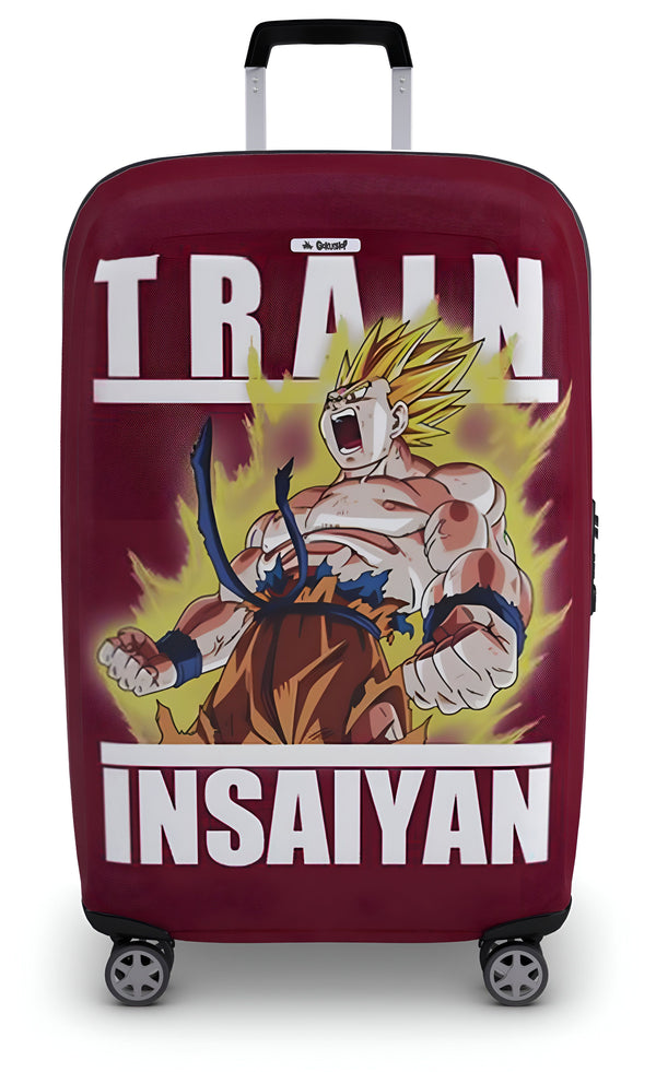 Une valise rouge avec une image de Son Goku, un personnage de Dragon Ball Z. Il est en train de se transformer en Super Saiyan. Le texte sur la valise dit "TRAIN INSAYIAN".,HO-658609867X,HO-1133211305,HO-3054018318,HO-7828180357