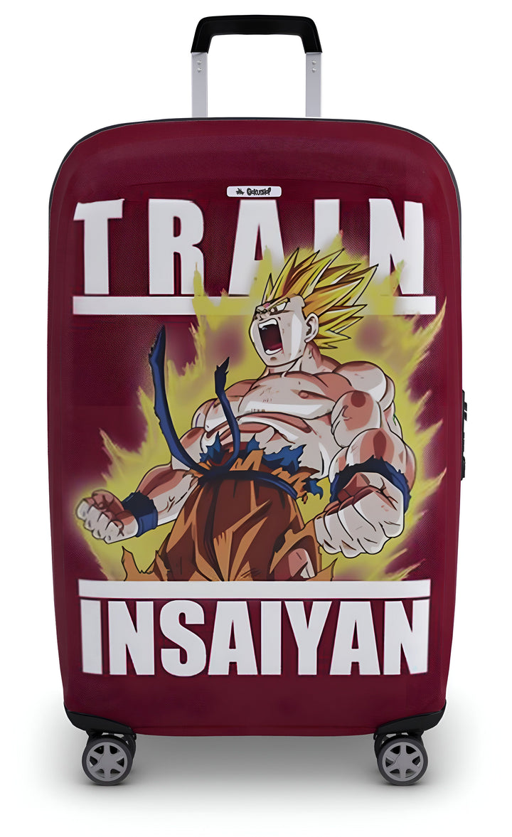 Une valise rouge avec une image de Son Goku, un personnage de Dragon Ball Z. Il est en train de se transformer en Super Saiyan. Le texte sur la valise dit "TRAIN INSAYIAN".,HO-658609867X,HO-1133211305,HO-3054018318,HO-7828180357