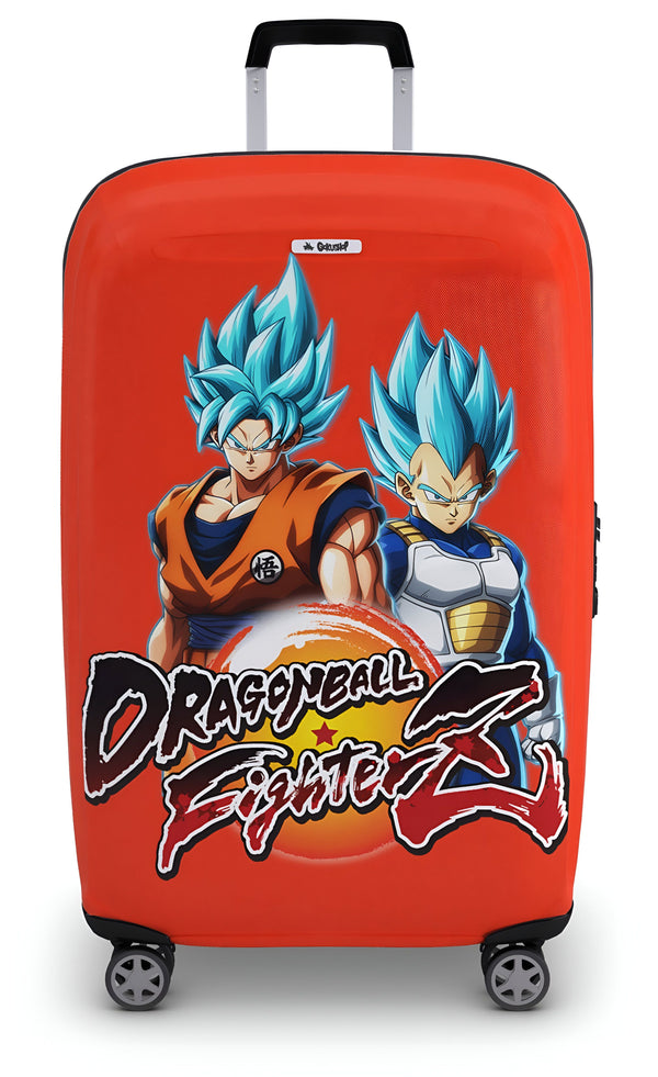 Une valise rouge à roulettes à l'effigie de Son Goku et Vegeta, deux personnages du dessin animé Dragon Ball Z.,HO-2215190825,HO-1422082040,HO-4572502307,HO-164907879X