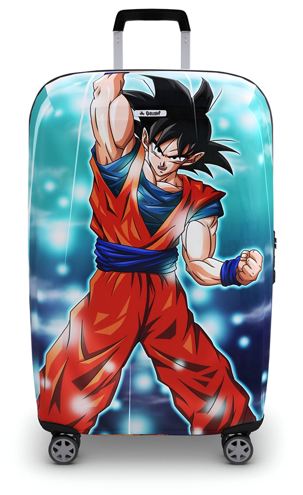Une valise à roulettes à l'effigie de Son Goku, un personnage de la série animée Dragon Ball Z. Son Goku est représenté en position de combat, avec les cheveux dressés vers le haut et les poings serrés. La valise est bleue et orange, avec des roues noires et une poignée noire.,HO-2071492749,HO-655904016X,HO-6179348235,HO-6509404575