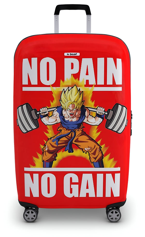 Une valise rouge avec une image de Son Goku, un personnage de Dragon Ball Z, en train de soulever des poids. Le texte sur la valise dit "No pain, no gain".,HO-5048797418,HO-6749925448,HO-9549198588,HO-0075758849