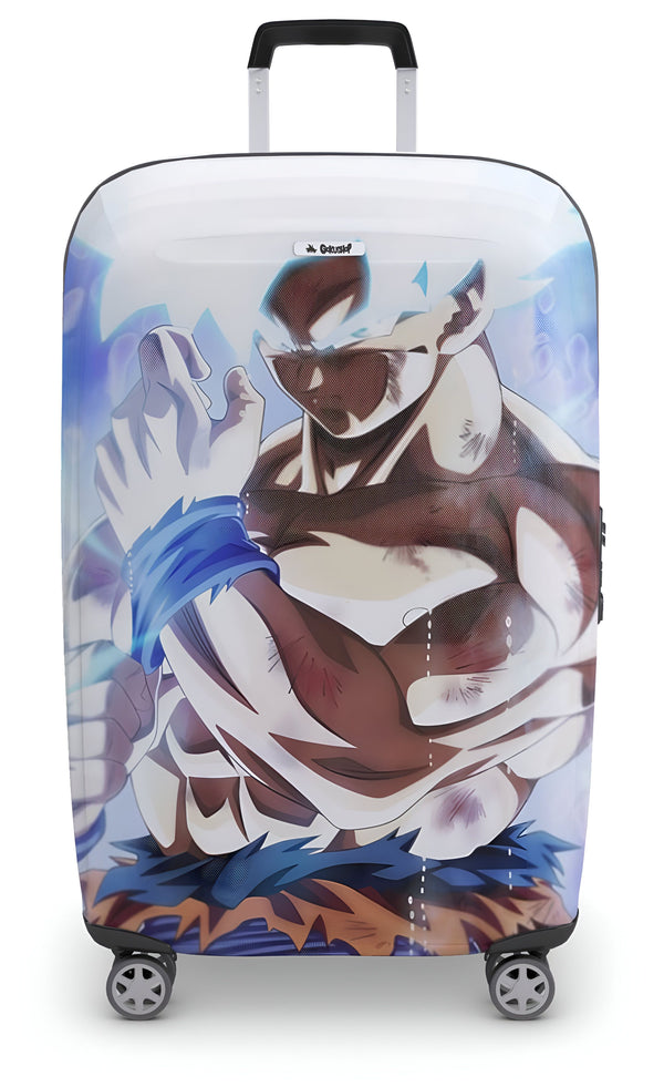 Une valise à roulettes blanche à l'effigie de Son Goku, un personnage de la série animée Dragon Ball Z. Son Goku est représenté en train de se battre, avec ses cheveux bleus hérissés et ses muscles saillants. La valise est dotée d'une poignée rétractable et de quatre roues pivotantes.,HO-5754068662,HO-7290607023,HO-587617341X,HO-053384441X
