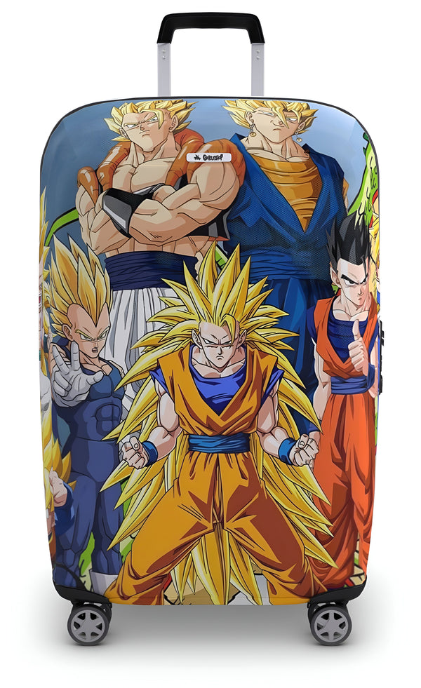 Une valise à roulettes imprimée avec les personnages du dessin animé Dragon Ball Z. On peut voir Goku, Vegeta, Gohan, Trunks et Krilin.,HO-1298887186,HO-339588838X,HO-0921223471,HO-2816533263