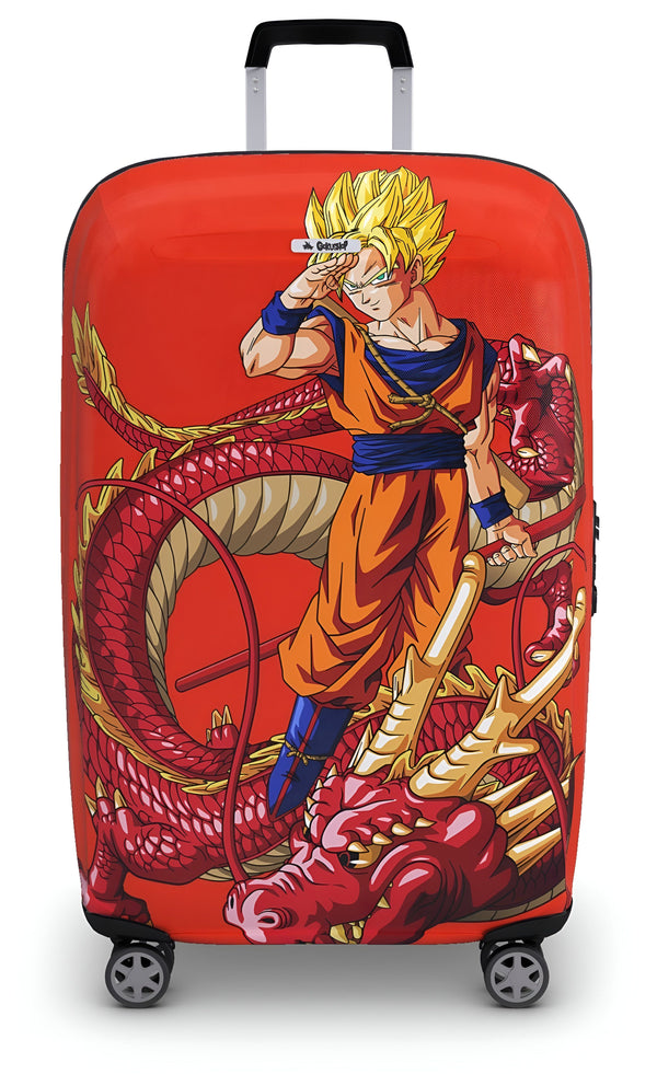 Une valise rouge à l'effigie de Son Goku, un personnage de la série animée Dragon Ball Z. Son Goku est debout sur un dragon rouge et porte une combinaison orange et bleue. La valise est munie de quatre roues et d'une poignée télescopique.,HO-188665557X,HO-3478098890,HO-1304212955,HO-2734716402