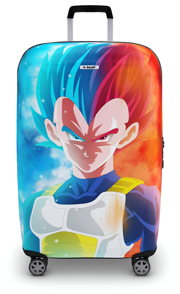 Une valise à roulettes à l'effigie de Vegeta, un personnage de la série animée Dragon Ball Z. La valise est bleue et rouge et représente Vegeta en train de se transformer en Super Saiyan.,HO-5450893736,HO-0741908301,HO-9318035098,HO-6810995935