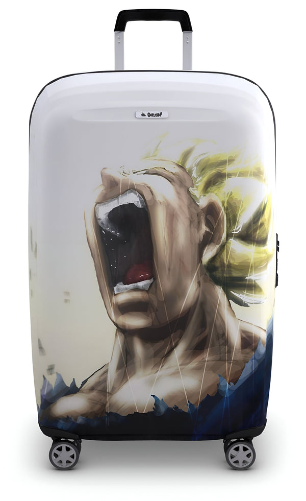 Une valise blanche à roulettes avec une image de Son Goku, un personnage de Dragon Ball Z, en train de crier.,HO-0907773443,HO-2394685921,HO-5762719634,HO-2449405771