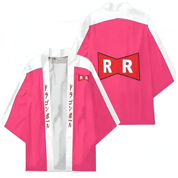 Le kimono est rose et blanc. Il y a un logo sur le dos avec les lettres "RR" et un ruban rouge. Il y a aussi des écritures japonaises sur les manches.,KI-7729673134,KI-0255341911,KI-5180014522,KI-6988500332,KI-4442531064,KI-0989634612,KI-5057313878,KI-2609687230,KI-3964587540,KI-1339454777,KI-8472904563,KI-7704696327,KI-3624892088,KI-0915210541