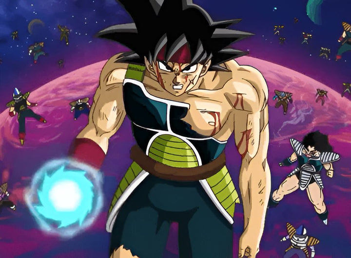 L'image représente un personnage de la série animée Dragon Ball Z, Bardock, le père de Son Goku. Il est entouré d'ennemis et semble prêt à se battre.,LA-0383204232