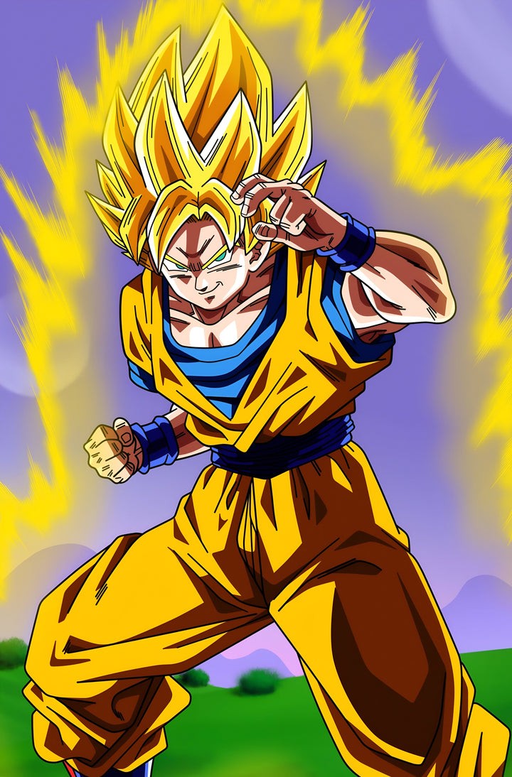 Une image de Son Goku, un personnage de la série animée Dragon Ball Z. Il est représenté en train de se battre, avec ses cheveux blonds hérissés et sa combinaison orange et bleue.,LA-9616211129