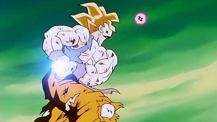Une image de Son Goku, un personnage de Dragon Ball Z, en train de charger une attaque énergétique. Il est entouré d'un halo de lumière bleue et ses cheveux sont dressés vers le haut. En arrière plan, on peut apercevoir un petit personnage rose qui semble être une boule d'énergie.,LA-6245030056