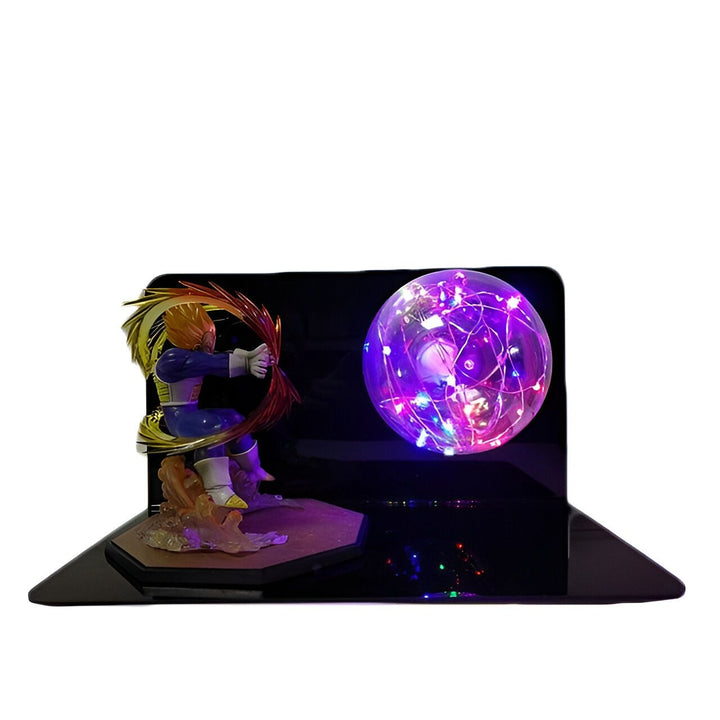 Une figurine de Vegeta, un personnage de Dragon Ball Z, en train de charger son attaque ultime, le Final Flash. La figurine est éclairée par une lumière LED qui donne un effet de lumière bleue.,LA-0415174813