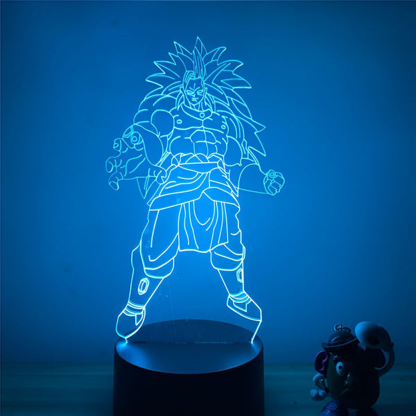 Une image d'un personnage de dessin animé, Broly, de la série Dragon Ball Z. Il est représenté en train de se transformer en Super Saiyan 3, avec ses cheveux qui deviennent verts et ses muscles qui se développent. Il est entouré d'une aura bleue.,LA-2584879182