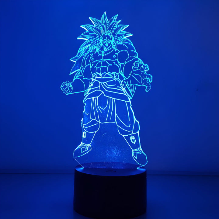Une image d'un personnage de dessin animé, Broly, de la série Dragon Ball Z. Il est représenté avec ses cheveux verts hérissés, sa peau verte et ses muscles saillants. Il porte une sorte de combinaison bleue et violette. Il est debout sur un socle noir et est éclairé par une lumière bleue.,LA-4015403460