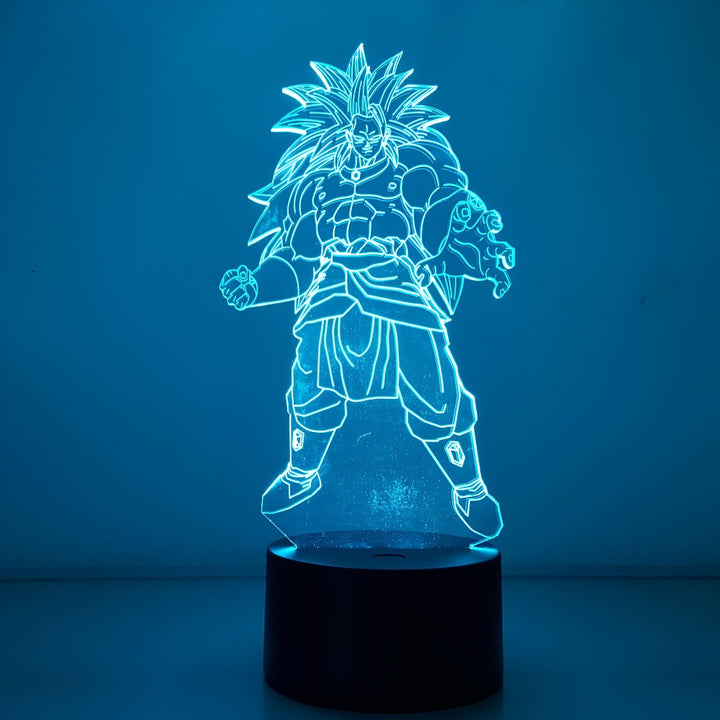 Une image d'un personnage de dessin animé, Broly, de la série Dragon Ball Z. Il est représenté avec ses cheveux verts hérissés, ses muscles saillants et sa posture de combat. La lumière bleue qui l'entoure le met en valeur et donne une impression de puissance.,LA-4015403460