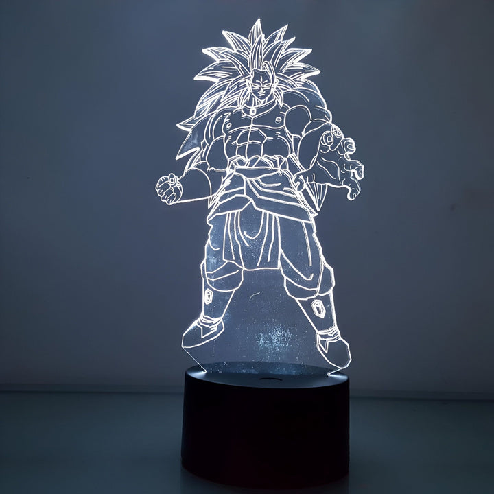 Une image d'un personnage de dessin animé, Broly, de la série Dragon Ball Z. Il est représenté debout, avec ses cheveux longs et hérissés, et ses muscles saillants. Il porte une sorte de combinaison de combat. L'image est lumineuse et détaillée.,LA-4015403460