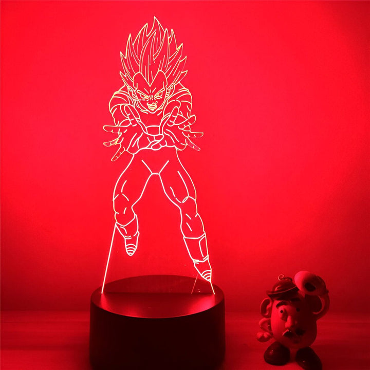 Une image d'un personnage de dessin animé, Vegeta, de la série Dragon Ball Z. Il est représenté en train de charger son attaque ultime, le Big Bang Attack. L'image est en 3D et est éclairée par une lumière rouge.,LA-6208732743