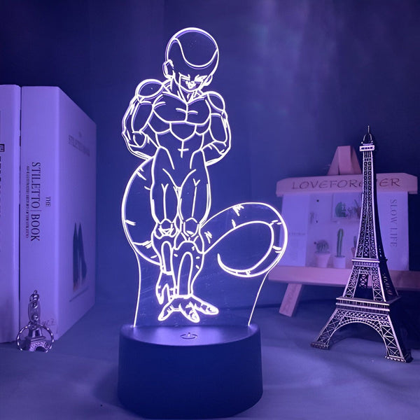 Une image d'un personnage de dessin animé, Freezer, de la série Dragon Ball Z. Il est représenté debout, avec ses mains sur les hanches, et est entouré d'une aura violette. L'arrière-plan est noir.,LA-479055953X,LA-1535205261