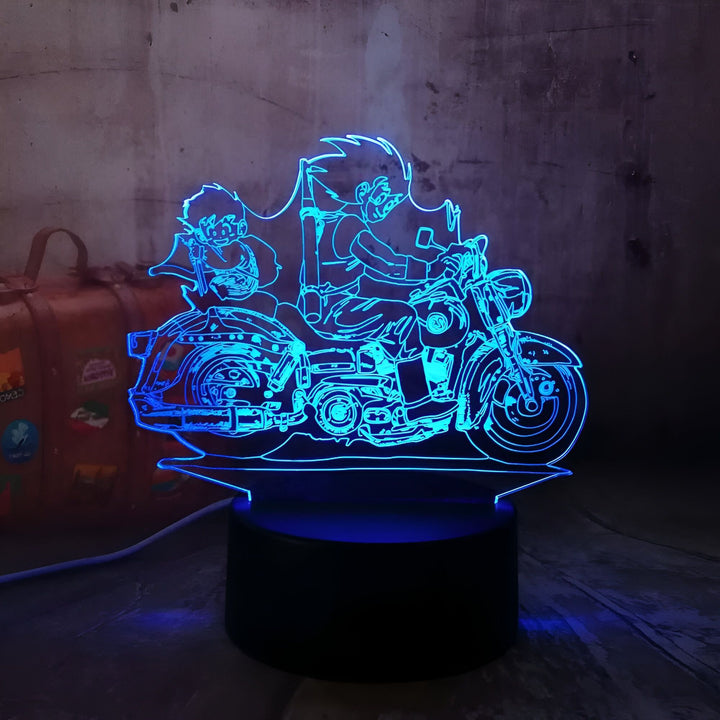 Une image d'une moto bleue avec deux personnages dessus.,LA-9896308578