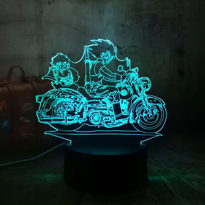 Une image d'une moto verte avec deux personnages dessus.,LA-9896308578