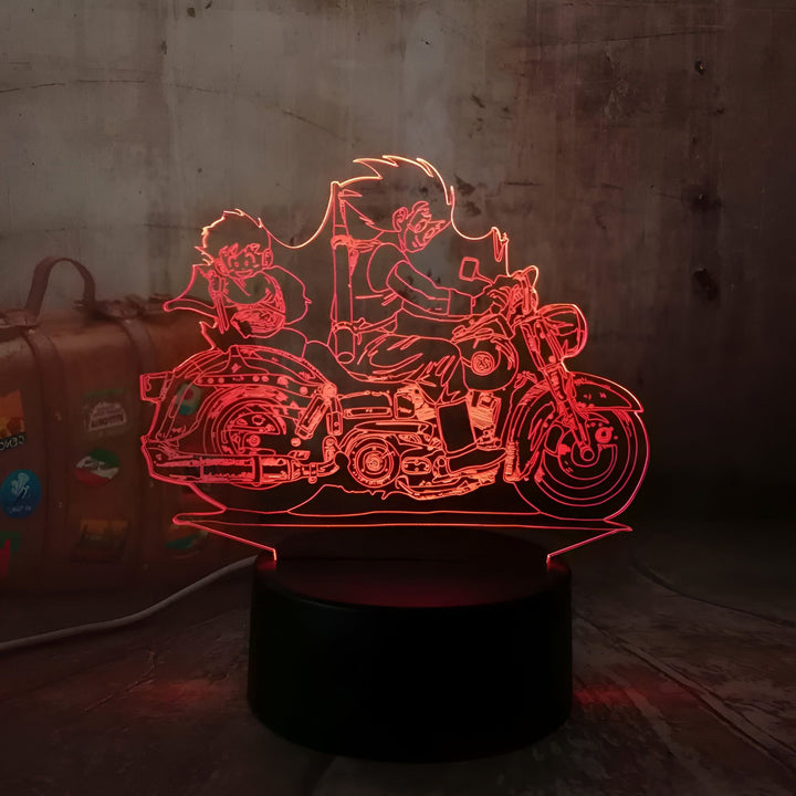 Une image d'une moto rouge avec deux personnages dessus. Le premier personnage est un jeune garçon avec des cheveux noirs et l'autre est un enfant avec des cheveux bleus. La moto est en train de rouler et les deux personnages sont en train de sourire. L'arrière-plan est un mur de briques.,LA-9896308578