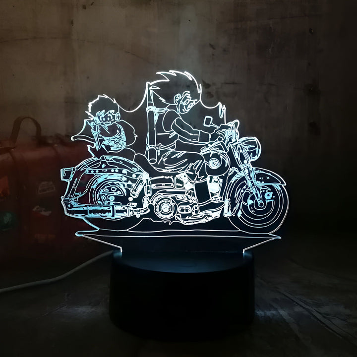 Une image d'une moto avec deux personnages dessus. Le premier personnage est assis à l'arrière et tient un bâton. Le deuxième personnage est en train de conduire la moto. La moto a une forme futuriste.,LA-9896308578