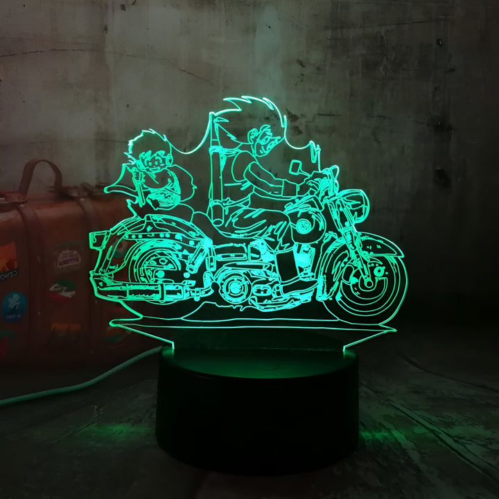 Une image d'une moto verte avec deux personnages dessus.,LA-9896308578