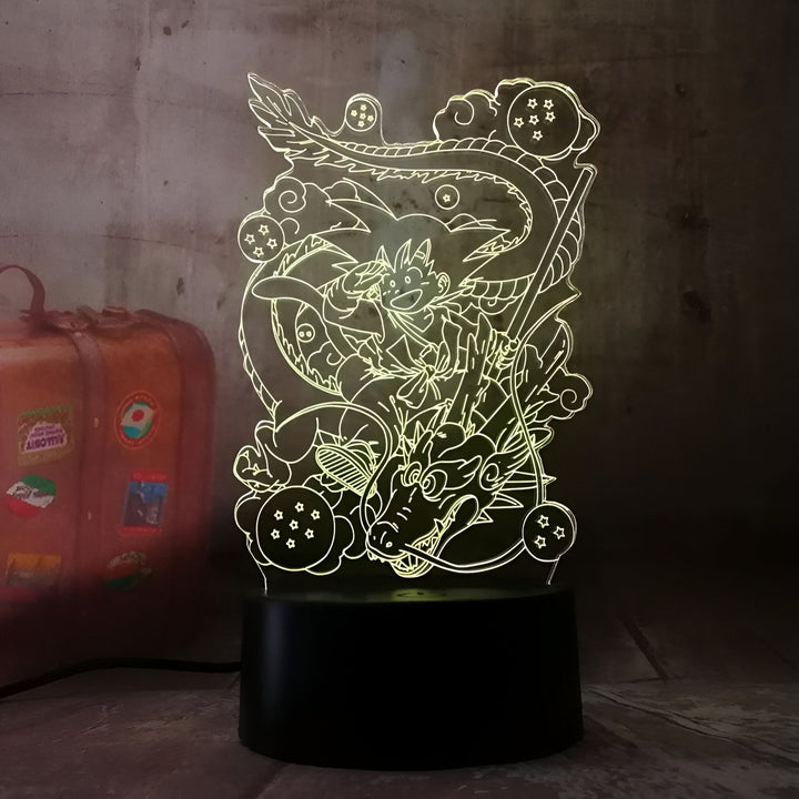 Une image de Son Goku, un personnage de Dragon Ball Z, chevauchant Shenron, un dragon sacré, sur un fond de nuages et de boules de cristal.,LA-9210201272
